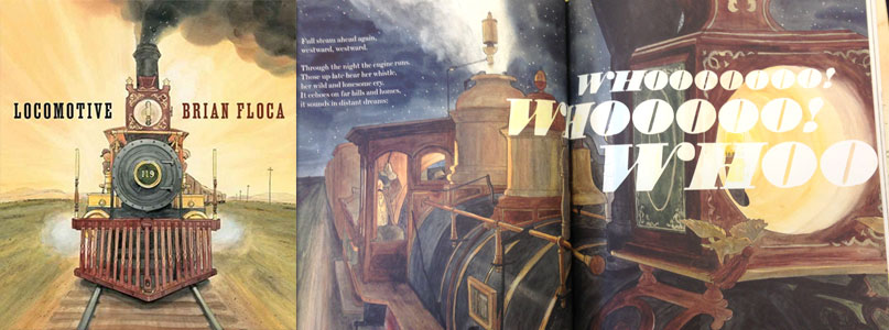 The cover of Locomotive, a childrens book that features several fonts from the Wild West Press font set