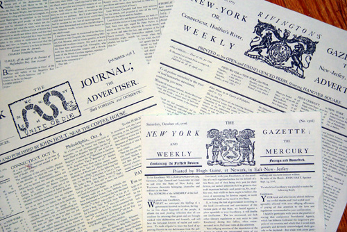 Colonial reproduction newspapers made with fonts from the Minuteman Printshop font set