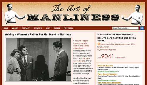 Web page design for the Art of Manliness website featuring fonts from the Wild West Press font set